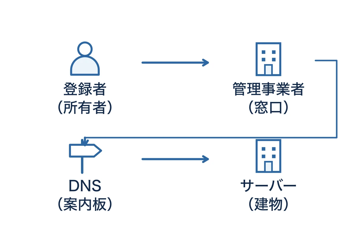 ドメインの登録者、管理事業者、DNS、サーバーの4つの関係を示した図